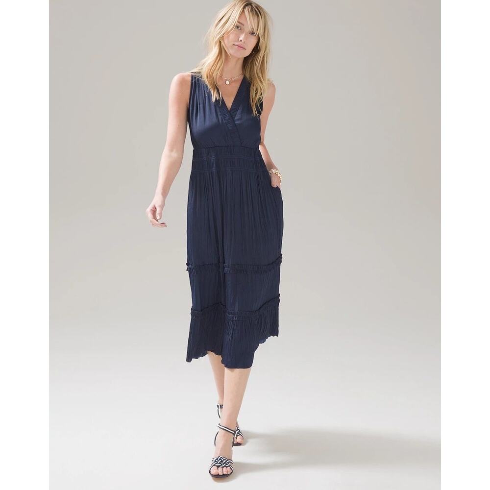 White House Black Market Satin Surplice Sleeveless Tiered Midi Dress Navy XS New